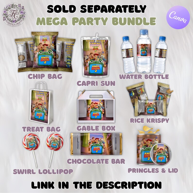 Puede incluir: Un conjunto de recuerdos de fiesta con el tema "Toy Story". Incluye bolsas de patatas fritas, bolsas de Capri Sun, botellas de agua, bolsas de golosinas, cajas Gable, Rice Krispy Treats, piruletas, barras de chocolate y Pringles. El texto en los art&iacute;culos dice "Andy cumple 2 a&ntilde;os".