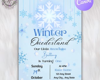 Winter Wonderland Birthday Invitation, Snowflake Party Invite Card, Editable Winter Birthday Party Invitation, Printable Digital Download