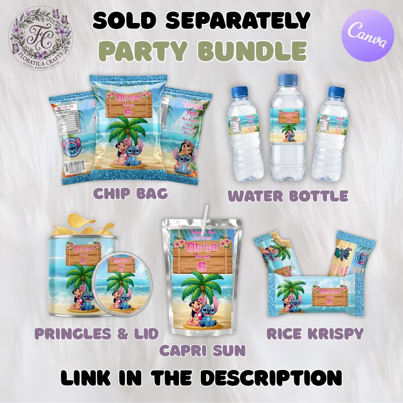 May include: Party bundle featuring chip bags, water bottles, Pringles, Capri Sun, and Rice Krispy treats. Each item has a tropical beach theme with a cartoon character and the name "Olivia". The text "Sold Separately" and "Link in the Description" are also visible.