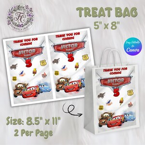 May include: White treat bag and printed sheets with a Cars theme. The bag is 5" x 8" and the sheets are 8.5" x 11". The design includes the text "Thank you for coming", "Victor turns 5", and images of the Cars characters.