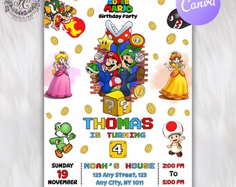 Super Mario Bros Editable Birthday Invitation, Super Mario Galaxy Party Invite Card, Kids Birthday Party Invitation, Digital Download SM1