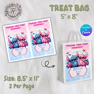May include: White treat bag, 5" x 8", and two 8.5" x 11" sheets with a cartoon design. The design features a blue and pink alien couple, roses, butterflies, and the text "Thank You For Coming!" and "Olivia Turns 6".