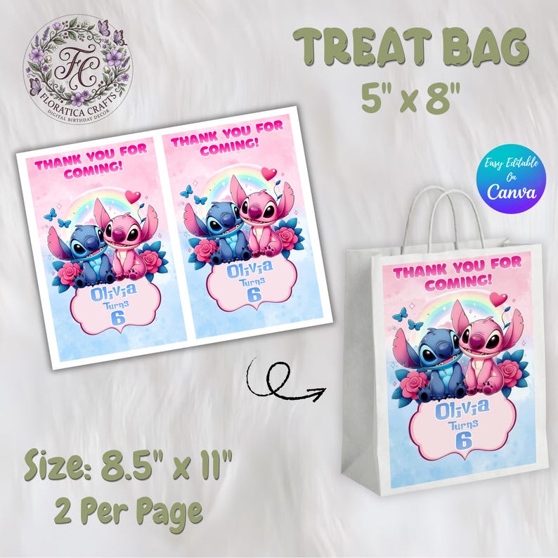 May include: White treat bag, 5" x 8", and two 8.5" x 11" sheets with a cartoon design. The design features a blue and pink alien couple, roses, butterflies, and the text "Thank You For Coming!" and "Olivia Turns 6".