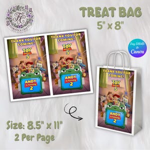 Puede incluir: Bolsa de regalo blanca con el tema de Toy Story 5, con un dise&ntilde;o colorido y el texto "Thank You For Coming!". La bolsa mide 12,7 cm x 20,3 cm e incluye un letrero con forma de rana que dice "Andy Is Turning 2".