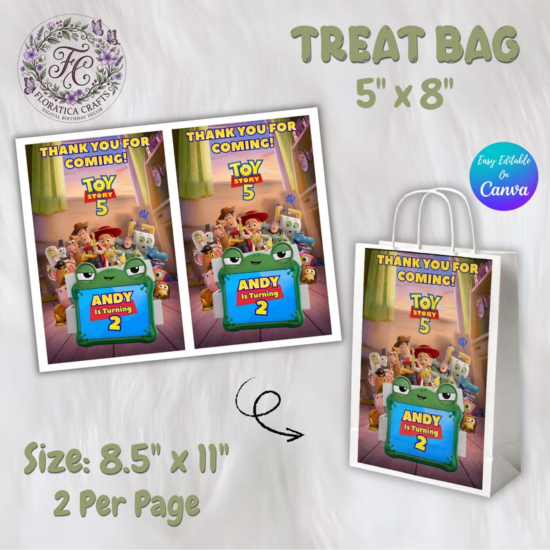 Puede incluir: Bolsa de regalo blanca con el tema de Toy Story 5, con un dise&ntilde;o colorido y el texto "Thank You For Coming!". La bolsa mide 12,7 cm x 20,3 cm e incluye un letrero con forma de rana que dice "Andy Is Turning 2".