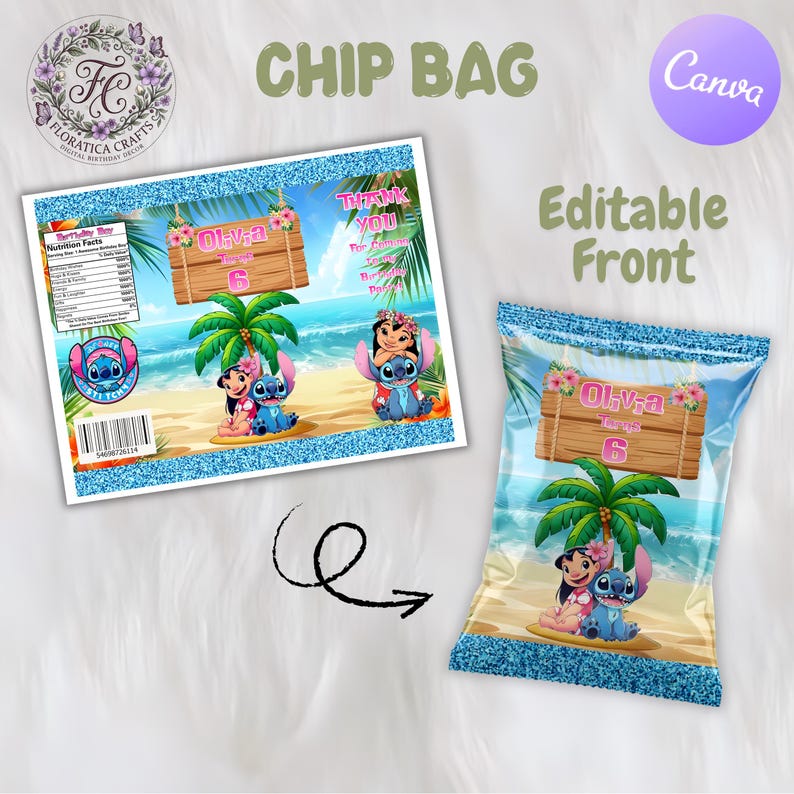 May include: Chip bag design featuring a beach scene with palm trees, the characters Lilo and Stitch, and the text "Oliva 6". The design includes a blue glitter border and the words "Chip Bag" at the top.