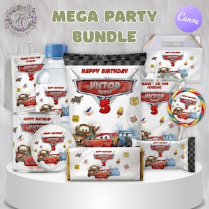 May include: A party bundle featuring a Cars theme, with various items like a water bottle, candy bar, and gift bags. The items are decorated with the text "Happy Birthday Victor Turns 5" and images of the Cars characters.