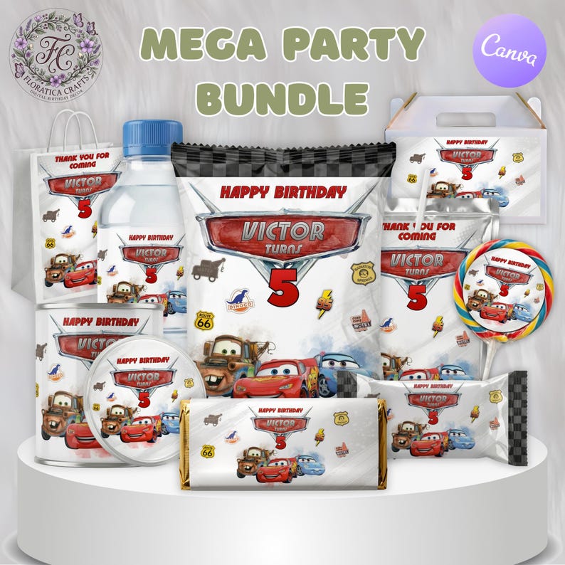May include: A party bundle featuring a Cars theme, with various items like a water bottle, candy bar, and gift bags. The items are decorated with the text "Happy Birthday Victor Turns 5" and images of the Cars characters.