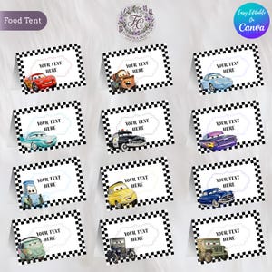 May include: Food tent cards featuring various cartoon cars. Each card has a black and white checkered border and a white space for text. The cards include images of red, blue, yellow, and other colored cars. Text on the cards reads "YOUR TEXT HERE".