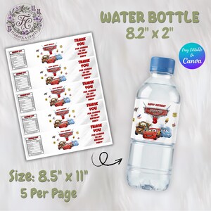 May include: A clear water bottle with a blue cap, labeled with a "Happy Birthday Victor" design featuring cartoon cars. The image also shows a sheet of matching labels, each with a "Thank You" message and car graphics. Bottle dimensions are 8.2" x 2".