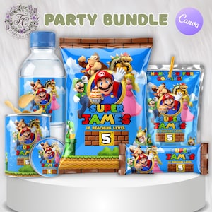 May include: A party bundle featuring Super Mario-themed designs. The set includes a water bottle, snack bags, a can, a CD, and a candy bar, all adorned with colorful graphics of Mario, Luigi, Princess Peach, and other characters. The text "SUPER JAMES IS REACHING LEVEL 5" is prominently displayed.