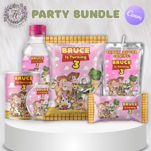 May include: A party bundle with a pink theme, featuring the text "Bruce is Turning 3". The set includes a water bottle, a can, a CD, a snack bag, a juice box, and a candy bar, all decorated with cartoon characters.