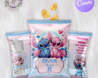 Stitch Angel Chip Bag Label, Editable Party Favor, Lilo & Stitch Birthday Decor (Digital Download)