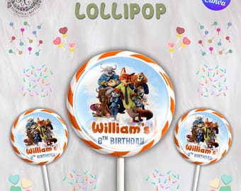 Zootopia Lollipop Label, Judy Hopps Nick Wilde Birthday Party Favor, Swirl Candy Sticker Printable, Digital Download Party Supplies ZP1