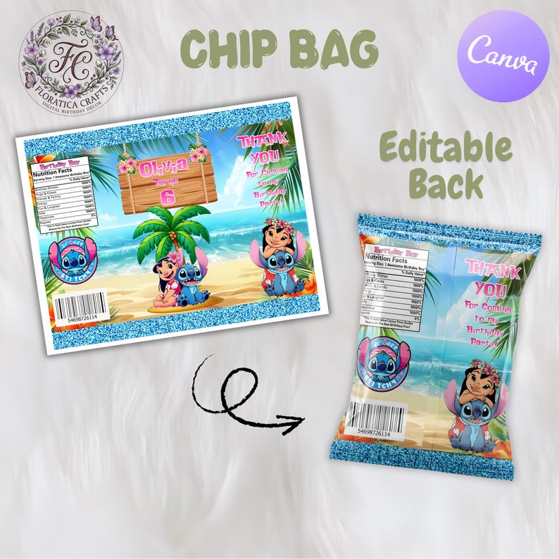 May include: Two chip bag designs featuring a beach theme with the characters Lilo and Stitch. The bags have a blue glitter border and include the text "CHIP BAG", "THANK YOU", and "Editable Back". One bag is open, the other is sealed.