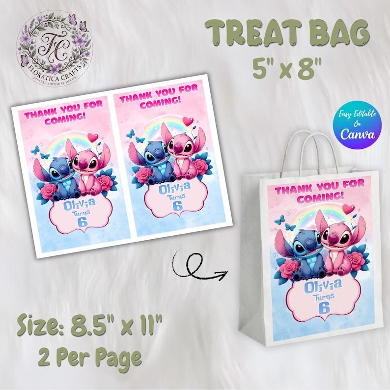 K&ouml;nnte beinhalten: Wei&szlig;e Geschenkt&uuml;te, 12,7 cm x 20,3 cm, und zwei Bl&auml;tter mit den Ma&szlig;en 21,6 cm x 28 cm mit einem Cartoon-Design. Das Design zeigt Stitch und Angel mit dem Text "Thank You For Coming!" und "Olivia Turns 6".