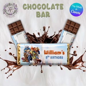 May include: A chocolate bar with a custom wrapper featuring cartoon characters and the text "William's 8th Birthday." Two chocolate bars are displayed with the wrappers open. The words "CHOCOLATE BAR" are at the top.