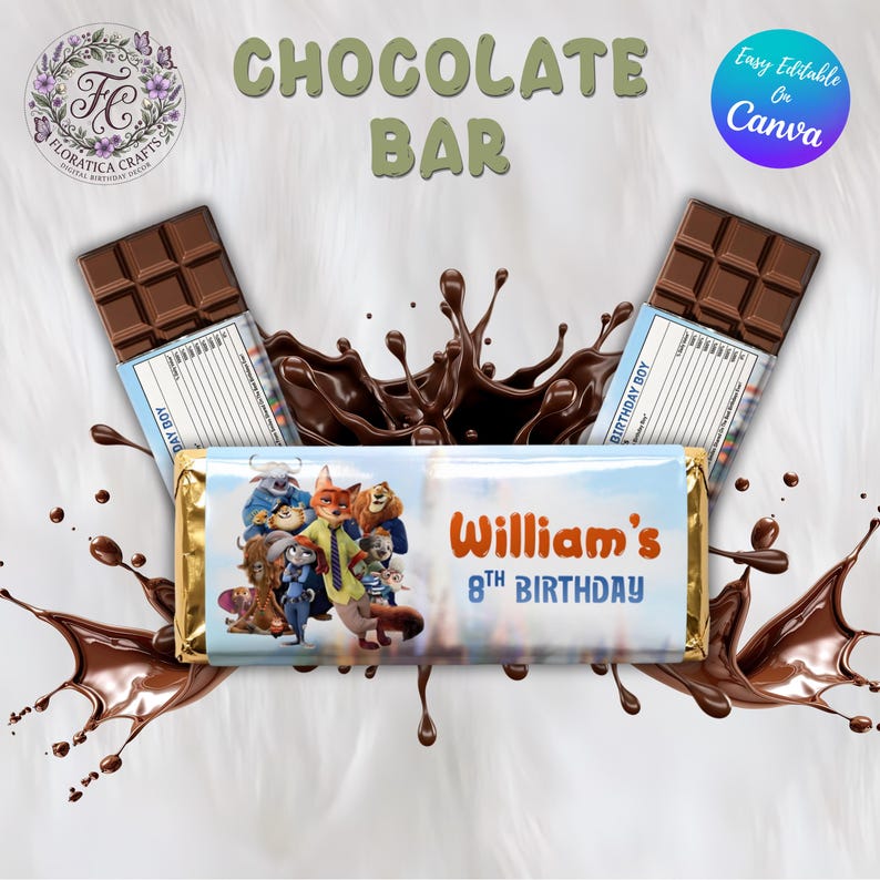 May include: A chocolate bar with a custom wrapper featuring cartoon characters and the text "William's 8th Birthday." Two chocolate bars are displayed with the wrappers open. The words "CHOCOLATE BAR" are at the top.