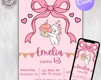 Pink Ribbon Cat Birthday Invitation, Cute Cat Party Invite Card, Editable Girls Birthday Party Invitation, Printable Digital Download PC1