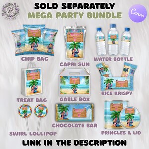 May include: A collection of party supplies featuring a tropical theme with the characters Stitch and Angel. The set includes chip bags, Capri Sun, water bottles, treat bags, gable boxes, Rice Krispy treats, swirl lollipops, chocolate bars, and Pringles. Text on the image reads "Mega Party Bundle."