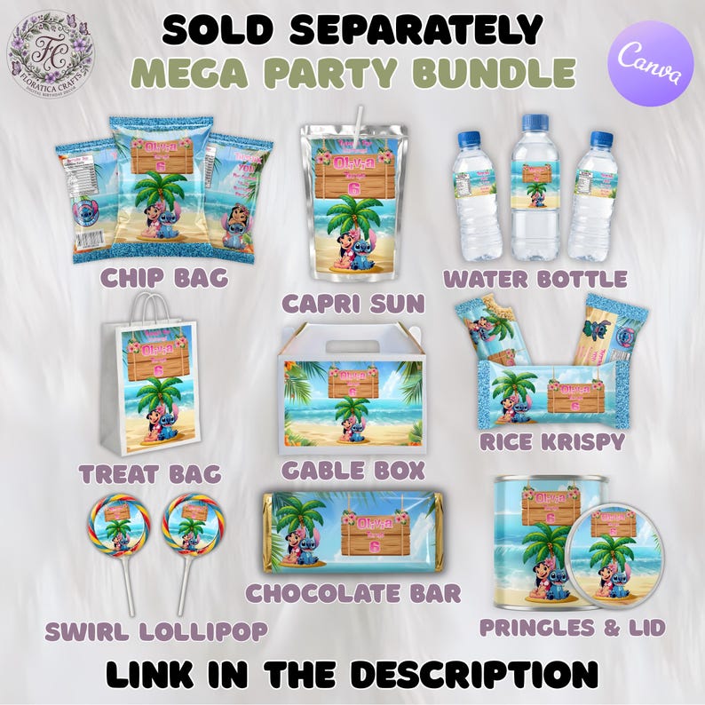 May include: A collection of party supplies featuring a tropical theme with the characters Stitch and Angel. The set includes chip bags, Capri Sun, water bottles, treat bags, gable boxes, Rice Krispy treats, swirl lollipops, chocolate bars, and Pringles. Text on the image reads "Mega Party Bundle."
