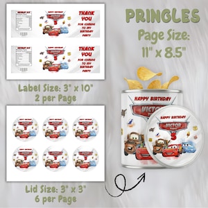 May include: A birthday party theme featuring the Cars movie. The image includes a Pringles can, labels, and lid stickers. The labels are 3" x 10" and the lid stickers are 3" x 3". The Pringles can is decorated with Cars characters and the text "Happy Birthday Victor".
