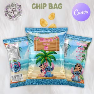 May include: Chip bags with a tropical beach theme, featuring the characters Lilo and Stitch. The bags have a blue glitter border and include the text "Oliva Turns 6" and "Thank You". The bags also have nutrition facts.