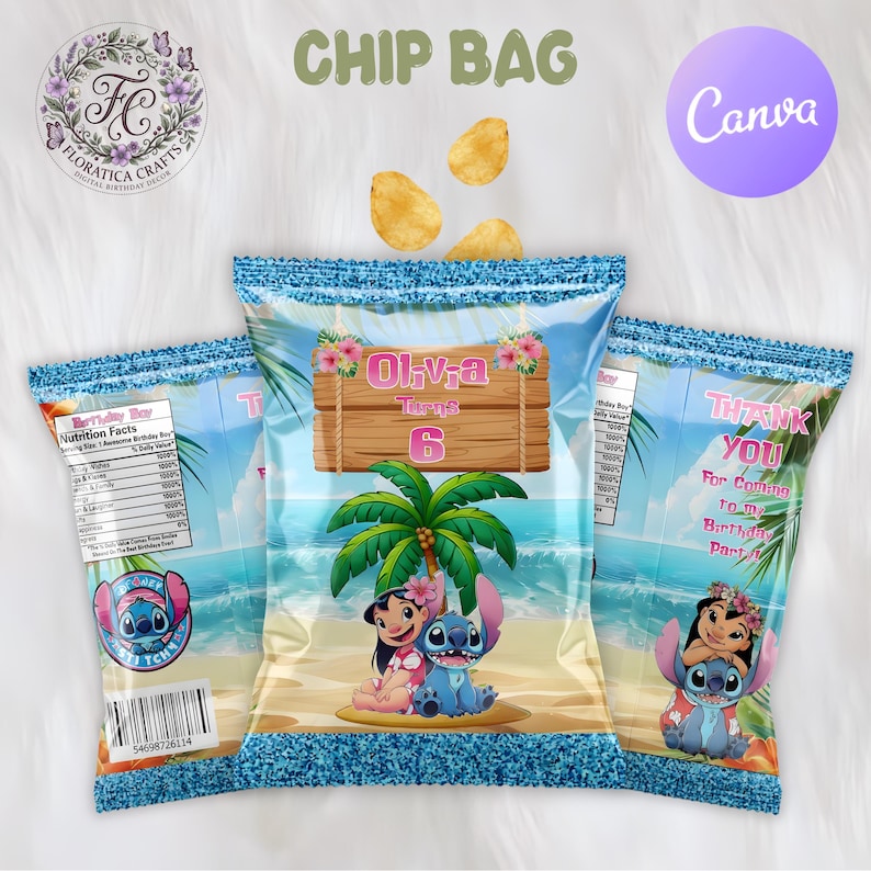 May include: Chip bags with a tropical beach theme, featuring the characters Lilo and Stitch. The bags have a blue glitter border and include the text "Oliva Turns 6" and "Thank You". The bags also have nutrition facts.