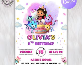 Gabby's Dollhouse Birthday Invitation, Gabby Cat Party Invite Card, Printable Digital Download, Editable Kids Birthday Party Invitation GD1