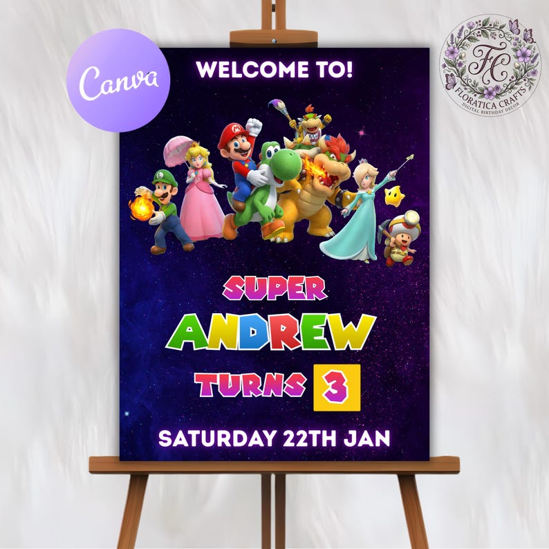Super Mario Bros Birthday Banner, Super Mario Galaxy Editable Party Welcome Sign Kids Printable Birthday Banner Poster, Digital Download SM1 bild 1