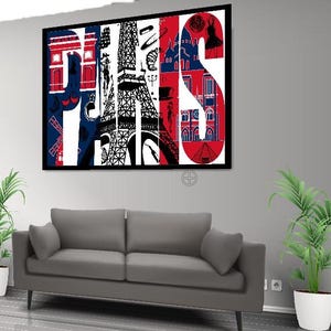Affiche PARIS – Collage monuments et mode – Art mural français moderne – Décoration parisienne – Téléchargement numérique