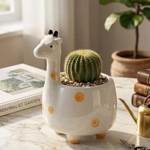 Bonita maceta de cerámica de lujo con forma de jirafa para niños, maceta pequeña para suculentas, accesorios únicos para la habitación de los niños pequeños - Maceta decorativa para plantas de interior, regalo