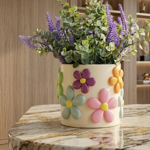 Ceramic Planter, Rainbow Floral Pot, Boho Retro Vase Decor (Drainage Hole)