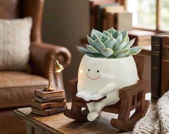 Smiley Face Planter Pot: Reading Rocking Chair Succulent Holder