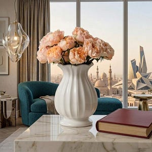 May include: A white, fluted vase filled with peach-colored flowers sits on a marble coffee table. A teal armchair and a red book are also on the table. A large window reveals a cityscape with modern architecture.