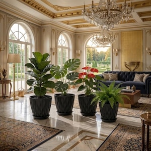 May include: An interior shot of a luxurious living room with large windows and ornate gold accents. Several potted plants, including a fiddle-leaf fig, monstera, and anthurium, are arranged on the marble floor. A dark blue sofa and a crystal chandelier add to the elegance.