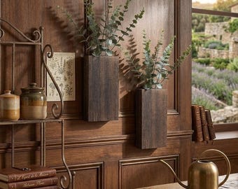 Set of 2 White Wood Wall Planters with Artificial Eucalyptus, Farmhouse Hanging Decor