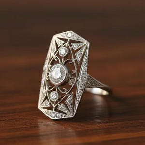 Anillo de compromiso Art Déco, anillo llamativo de filigrana vintage, anillo rectangular de inspiración antigua, oro de 14k o plata esterlina, promesa única.