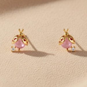 Gold-Tone Ladybug Stud Earrings, Pink Enamel Nature Jewelry
