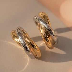 14K Gold Hoops, Tri-Color Hoops, Chunky Huggie Earrings, Vintage Statement Gift for Her