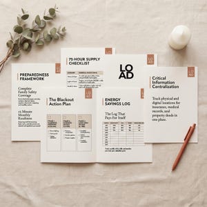 Può includere: Una raccolta di checklist e guide stampate con il testo "Quadro di preparazione", "Lista di controllo delle forniture per 72 ore", "Piano d'azione Blackout", "Registro dei risparmi energetici" e "Centralizzazione delle informazioni critiche".