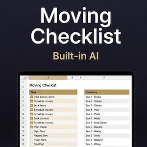Pode incluir: Um laptop exibe uma lista de verificação de mudança com o texto "Moving Checklist Built-in AI". A lista inclui tarefas como embalar itens de cozinha e agendar mudanças, com uma lista de inventário.
