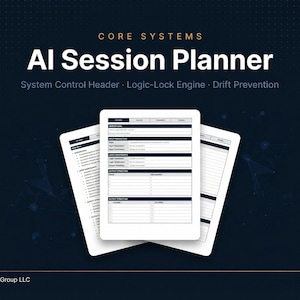 May include: A dark blue graphic with the text "CORE SYSTEMS" and "AI Session Planner." The image features three digital tablets displaying a planning template. The text includes "System Control Header" and "Drift Prevention."