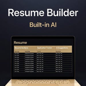 Pode incluir: Um laptop dourado exibe uma interface de criação de currículo com o texto "Resume Builder Built-in AI". A tela mostra um currículo com seções para mensagem, montagem, rastreador e sugestões de IA. O laptop está em um fundo escuro.