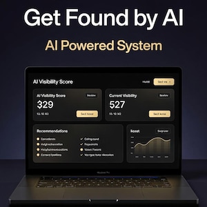 May include: A dark laptop displays an AI-powered system interface. The screen shows an AI visibility score of 329 and a current visibility of 527. The interface includes recommendations and a graph. Text on the screen reads "Get Found by AI."