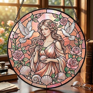Atrapasueños de vidrieras de la diosa Afrodita / Adorno de ventana de concha marina con paloma rosada