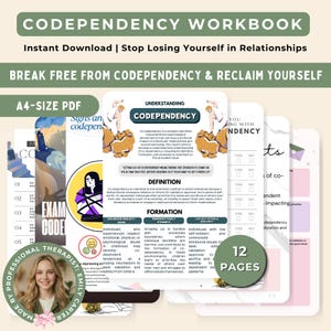 Może przedstawiać: Workbook zatytułowany "Codependency Workbook" z tekstem "Natychmiastowe pobieranie" i "Przestań gubić się w związkach". Okładka zawiera grafikę osoby i podsumowanie zawartości zeszytu ćwiczeń. Zeszyt ćwiczeń to 12-stronicowy plik PDF w formacie A4.