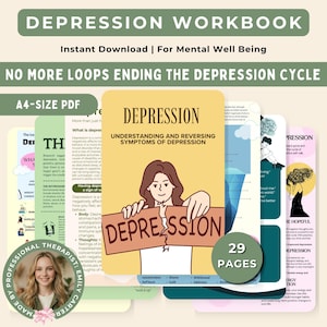 Puede incluir: Un cuaderno de trabajo digital titulado "Depression Workbook" con el texto "Descarga instantánea | Para el bienestar mental". La portada presenta a una mujer sosteniendo un letrero que dice "Depression". El cuaderno de trabajo es un PDF de tamaño A4 con 29 páginas.