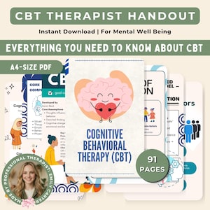 May include: A collection of digital CBT therapy handouts. The cover shows a smiling brain holding a heart, with the text "Cognitive Behavioural Therapy (CBT)". The handouts are A4-size and include 91 pages. The text "CBT Therapist Handout" is at the top.