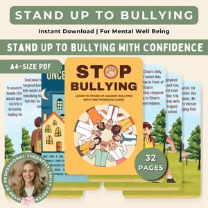Peut inclure: Un téléchargement numérique intitulé "Stand Up To Bullying" avec une couverture jaune portant les mots "Stop Bullying" et une illustration d'enfants divers. Le guide est pour le bien-être mental et comprend 32 pages. Le texte comprend également "Téléchargement instantané" et "PDF format A4".